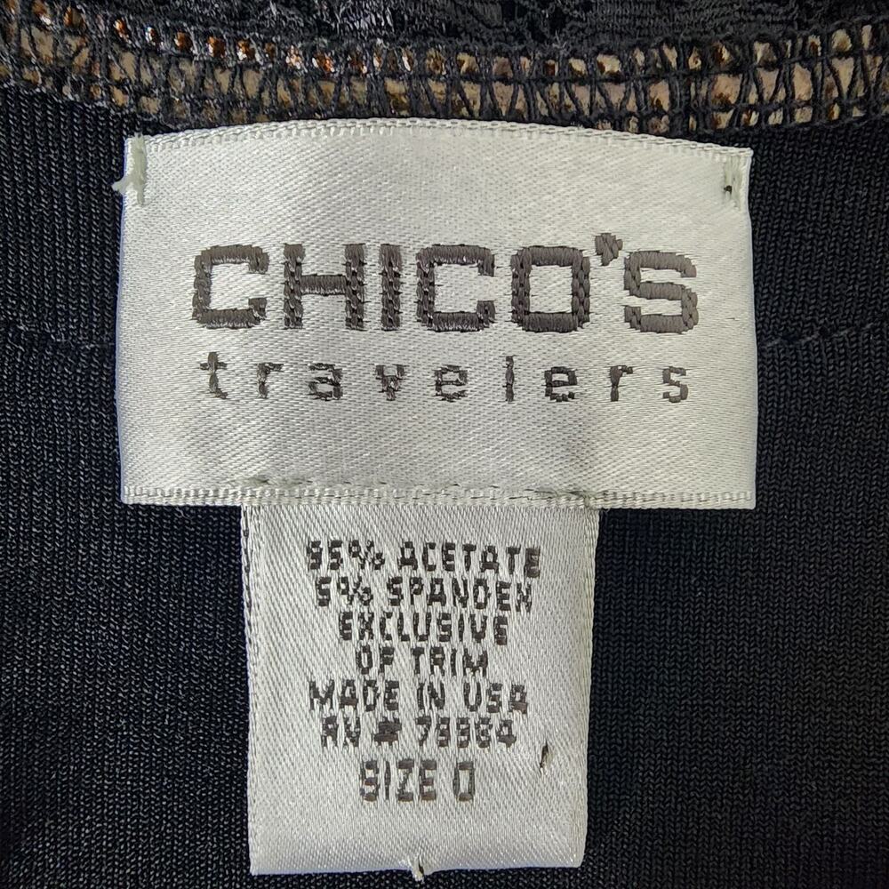 Chico’s Travelers Women’s Top Small Black Slinky Knit Cap Sleeve Lace Scoop Neck - Picture 8 of 9